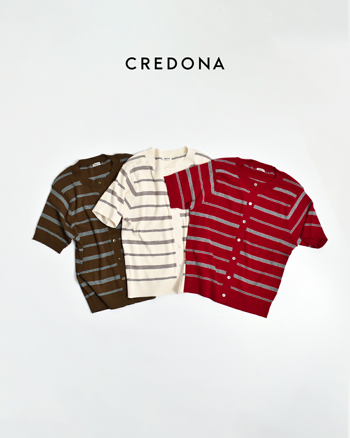 CREDONA(クレドナ)マルチボーダー 半袖 ニット カーディガン MULTI BORDER KNIT H/S CARDIGAN 1426311180-0