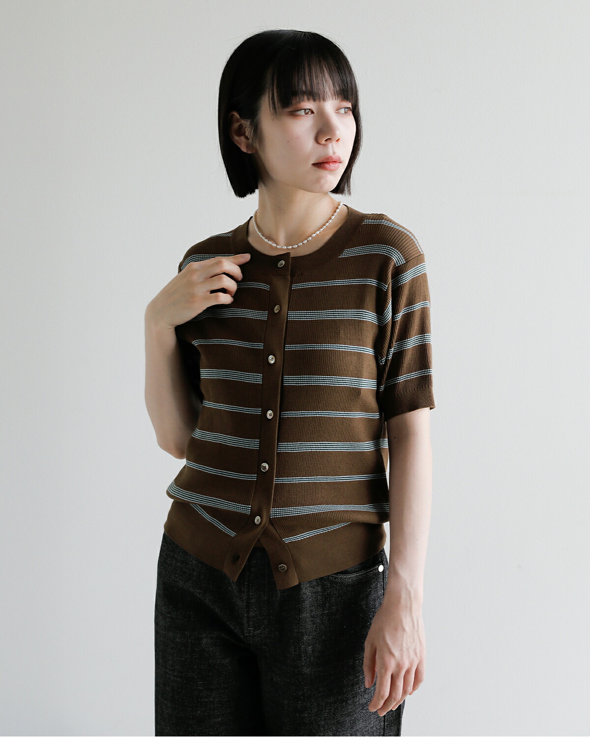CREDONA(クレドナ)マルチボーダー 半袖 ニット カーディガン MULTI BORDER KNIT H/S CARDIGAN 1426311180-0