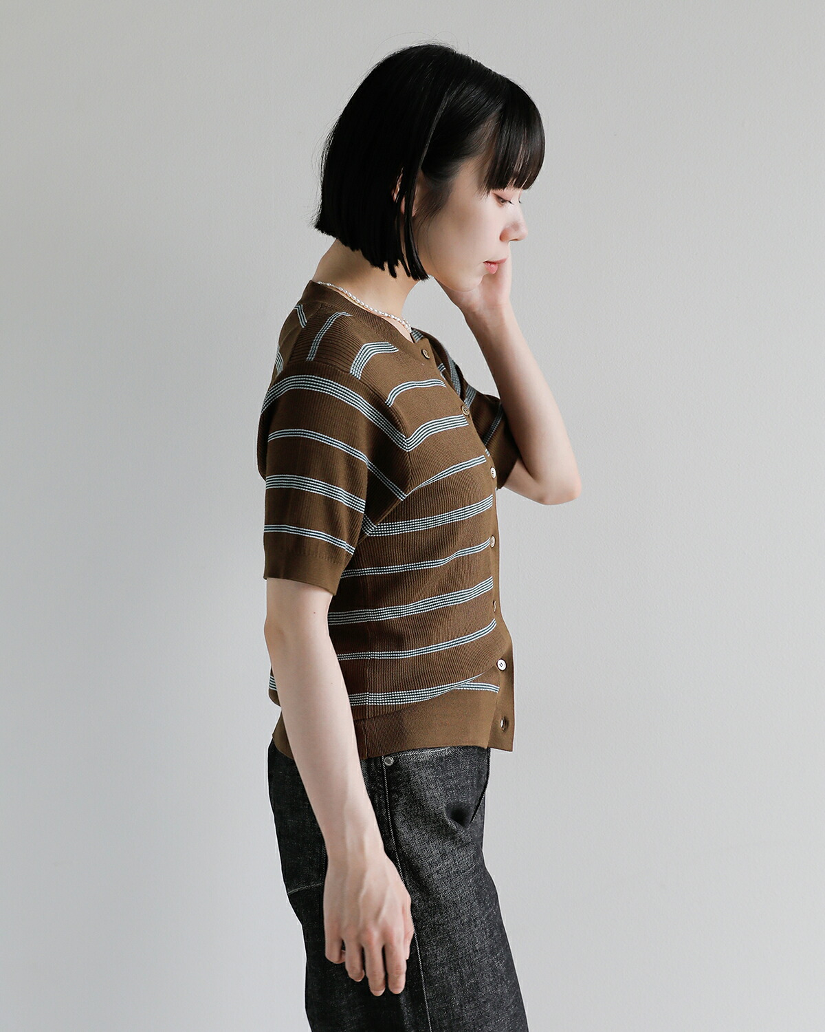CREDONA(クレドナ)マルチボーダー 半袖 ニット カーディガン MULTI BORDER KNIT H/S CARDIGAN 1426311180-0