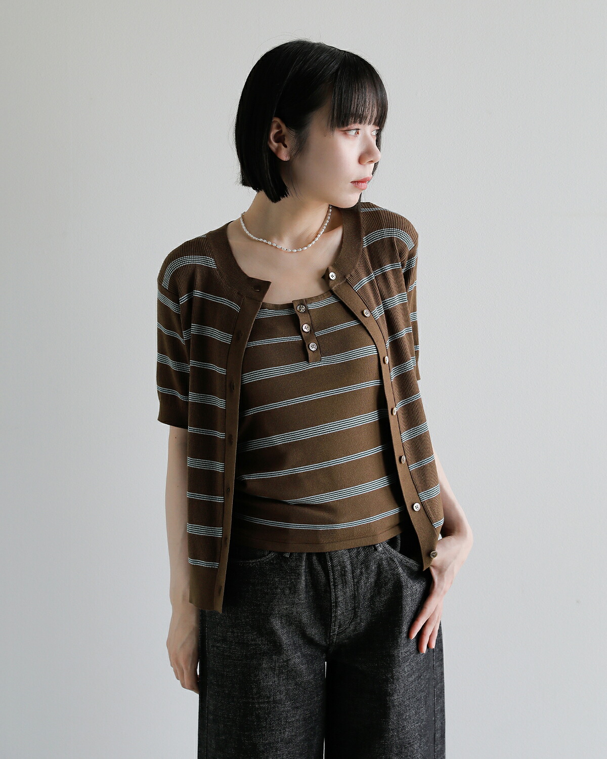 CREDONA(クレドナ)マルチボーダー 半袖 ニット カーディガン MULTI BORDER KNIT H/S CARDIGAN 1426311180-0