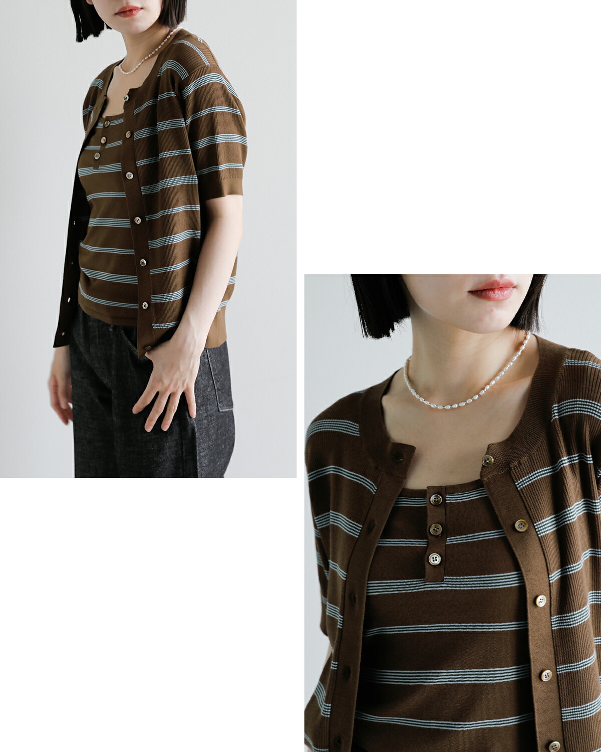 CREDONA(クレドナ)マルチボーダー 半袖 ニット カーディガン MULTI BORDER KNIT H/S CARDIGAN 1426311180-0