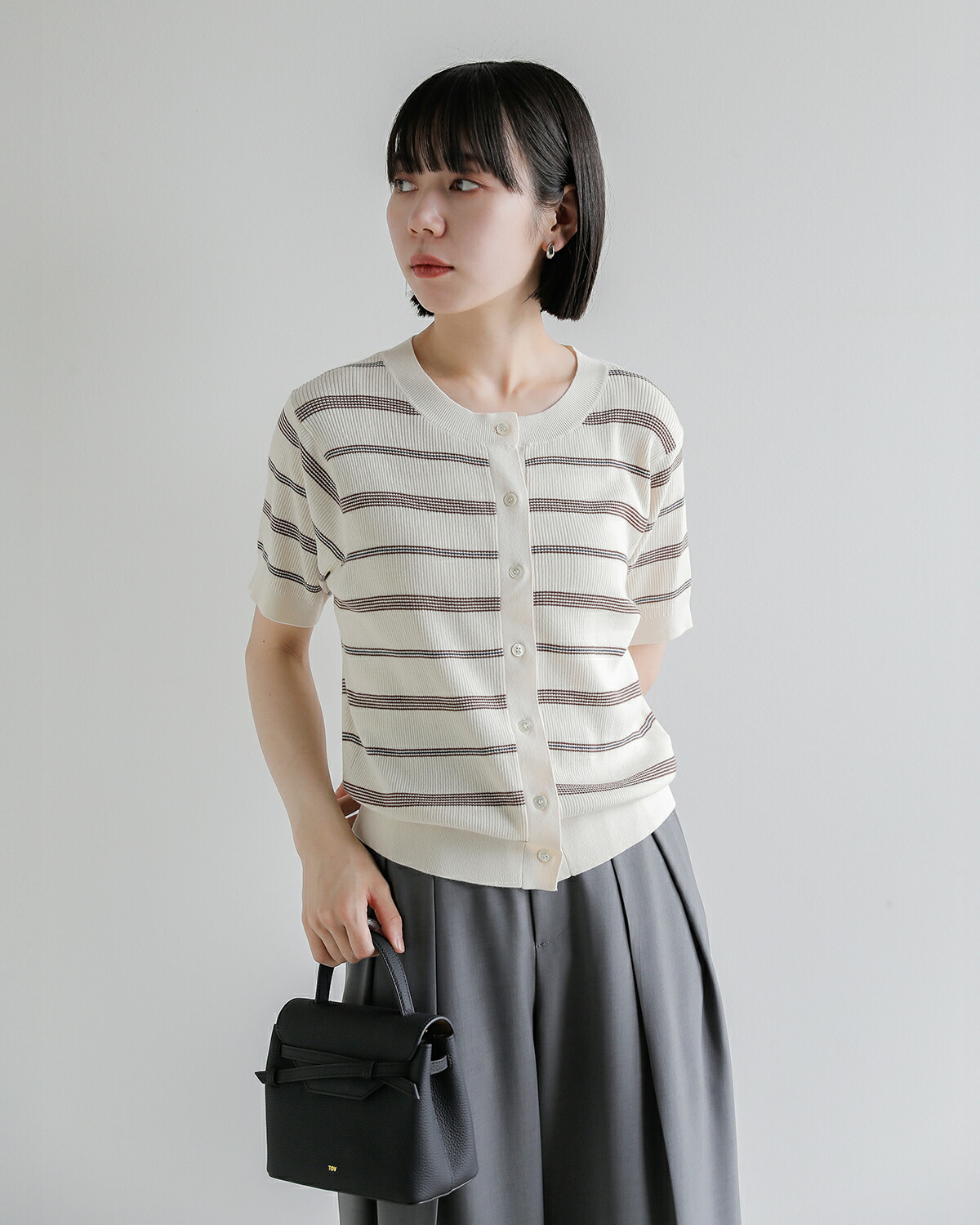 CREDONA(クレドナ)マルチボーダー 半袖 ニット カーディガン MULTI BORDER KNIT H/S CARDIGAN 1426311180-0