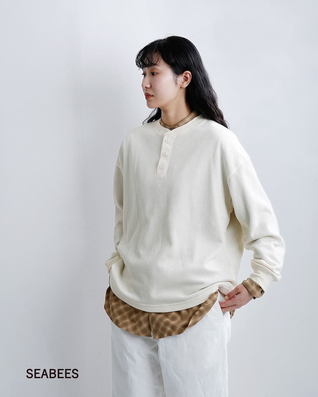 SEABEESワッフル ヘンリーネック 長袖 Tシャツ 2623-sb12