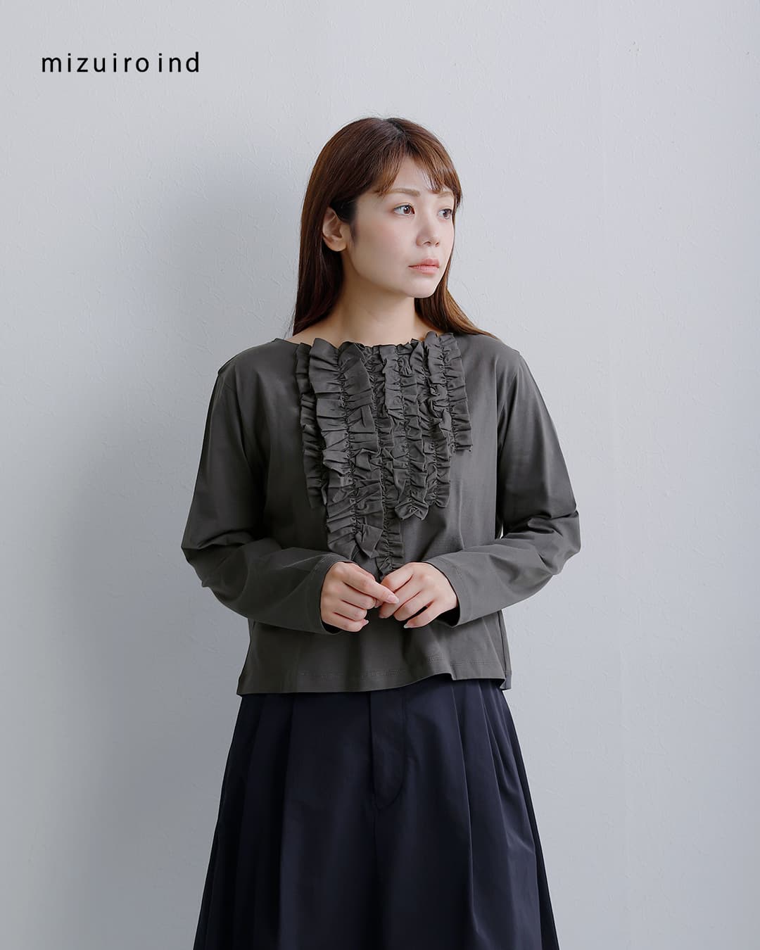 mizuiro ind(ミズイロインド)コットン フリル プルオーバー Tシャツ 3-210074