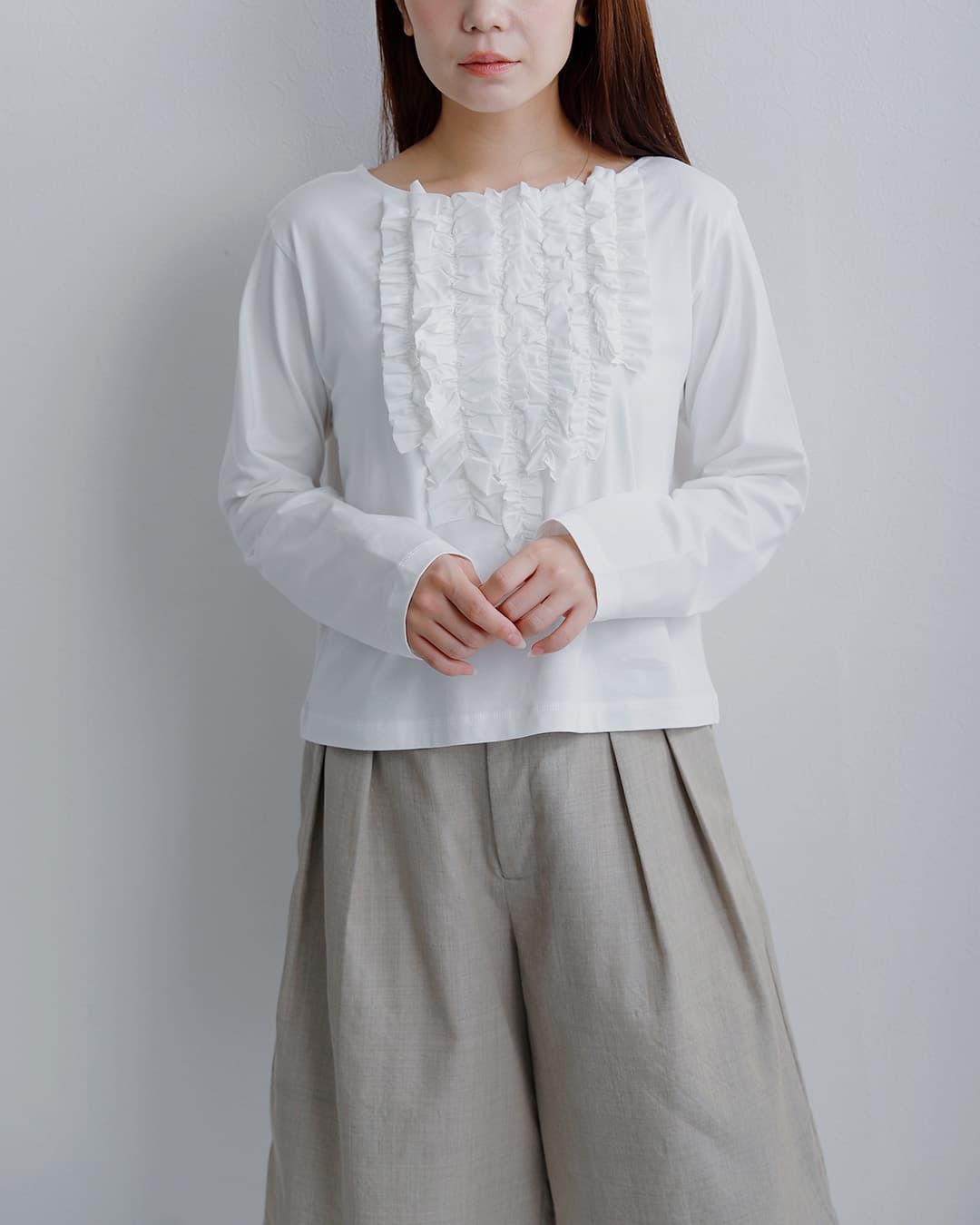 mizuiro ind(ミズイロインド)コットン フリル プルオーバー Tシャツ 3-210074