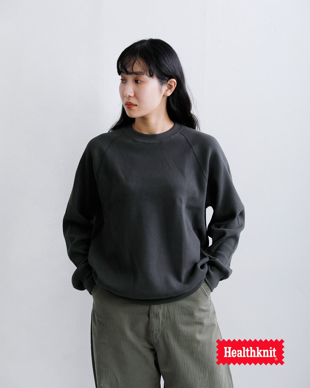 Healthknitコットン サーマル キングラッセル ハニカム ラグラン クルーネック 長袖Tシャツ 52037