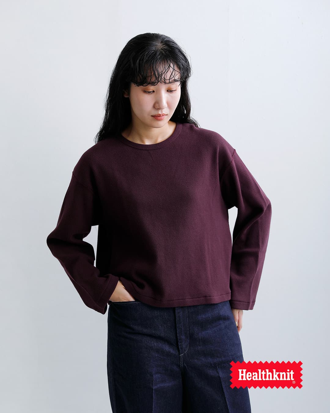 Healthknitコットン サーマル キングラッセル ハニカム クロップド クルーネック 長袖Tシャツ 52038