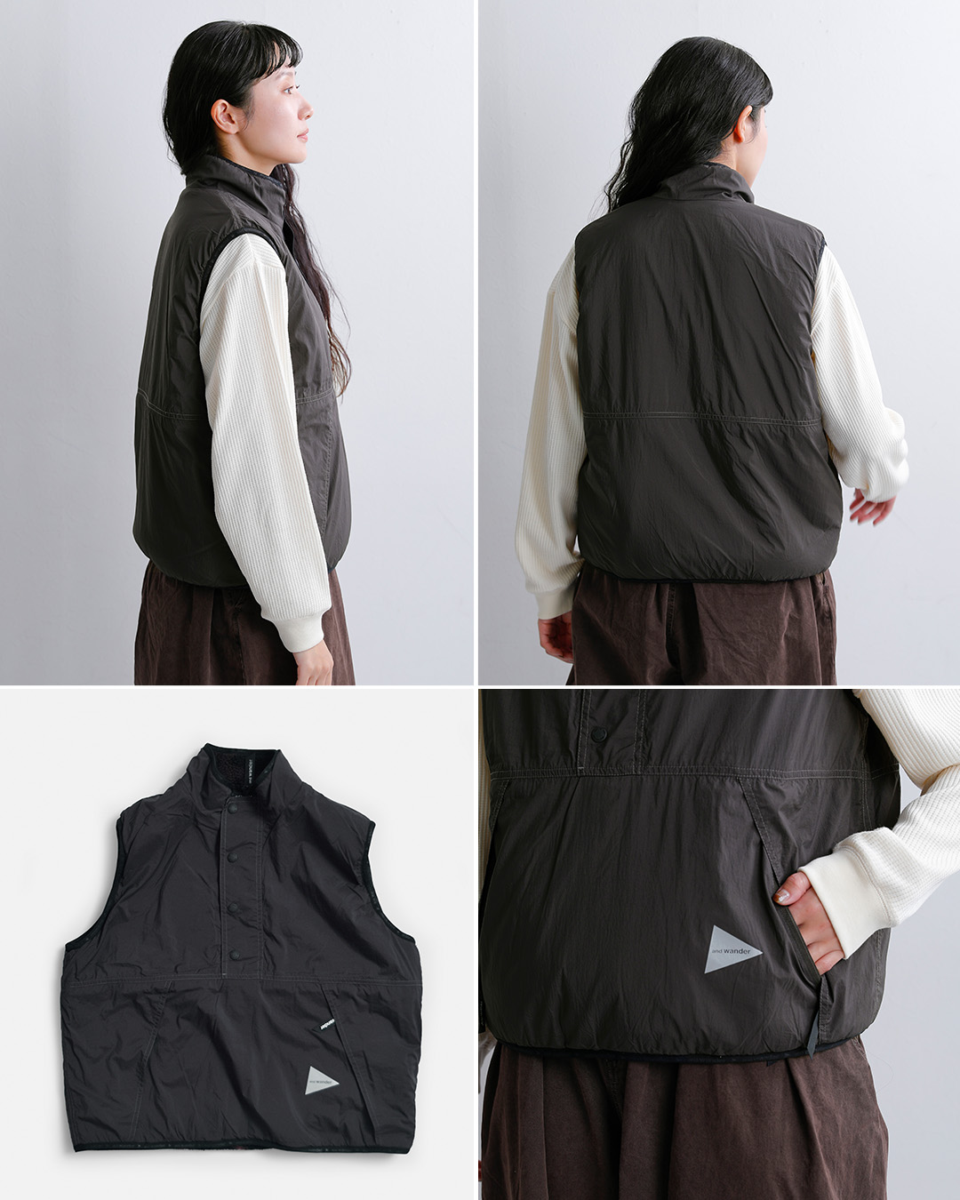 and wanderリバーシブル ボア ベスト reversible boa vest 574-6281034