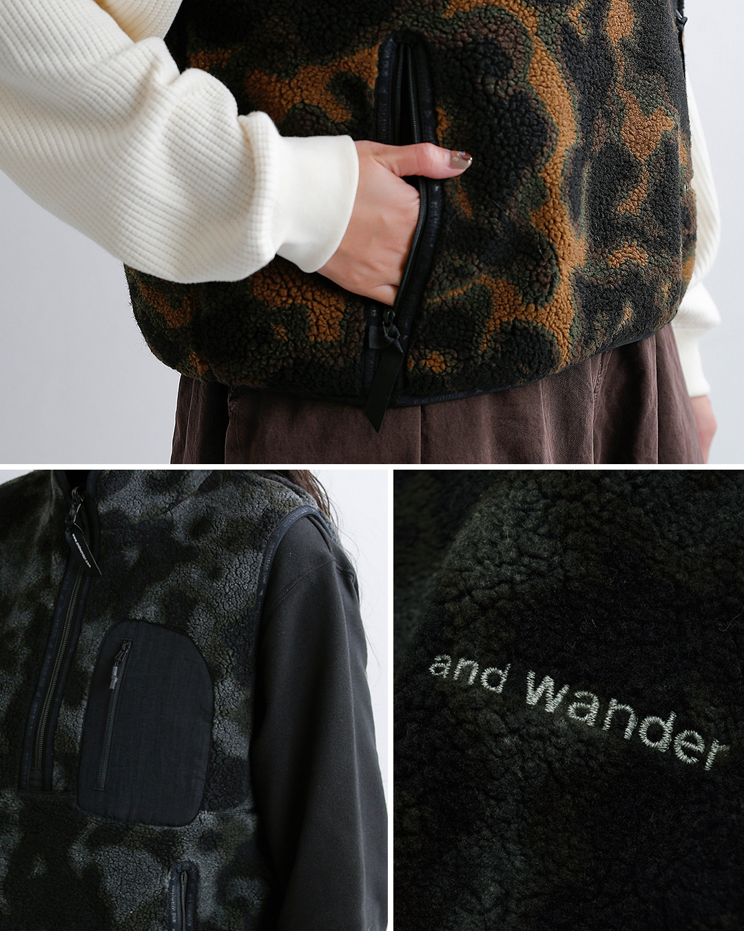 and wanderリバーシブル ボア ベスト reversible boa vest 574-6281034