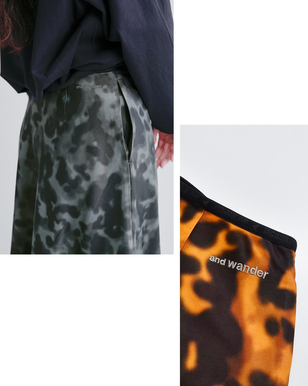 and wander(アンドワンダー)プリント サテン スカート printed satin skirt 574-6282120