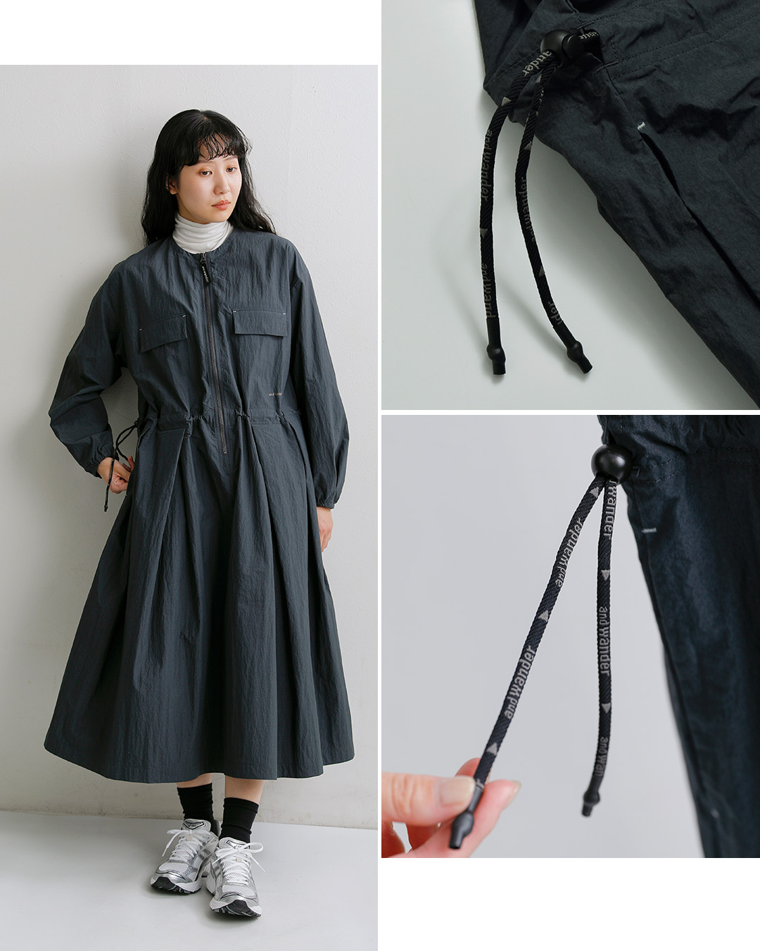and wanderコットン タックワンピース tuck dress 574-6283074