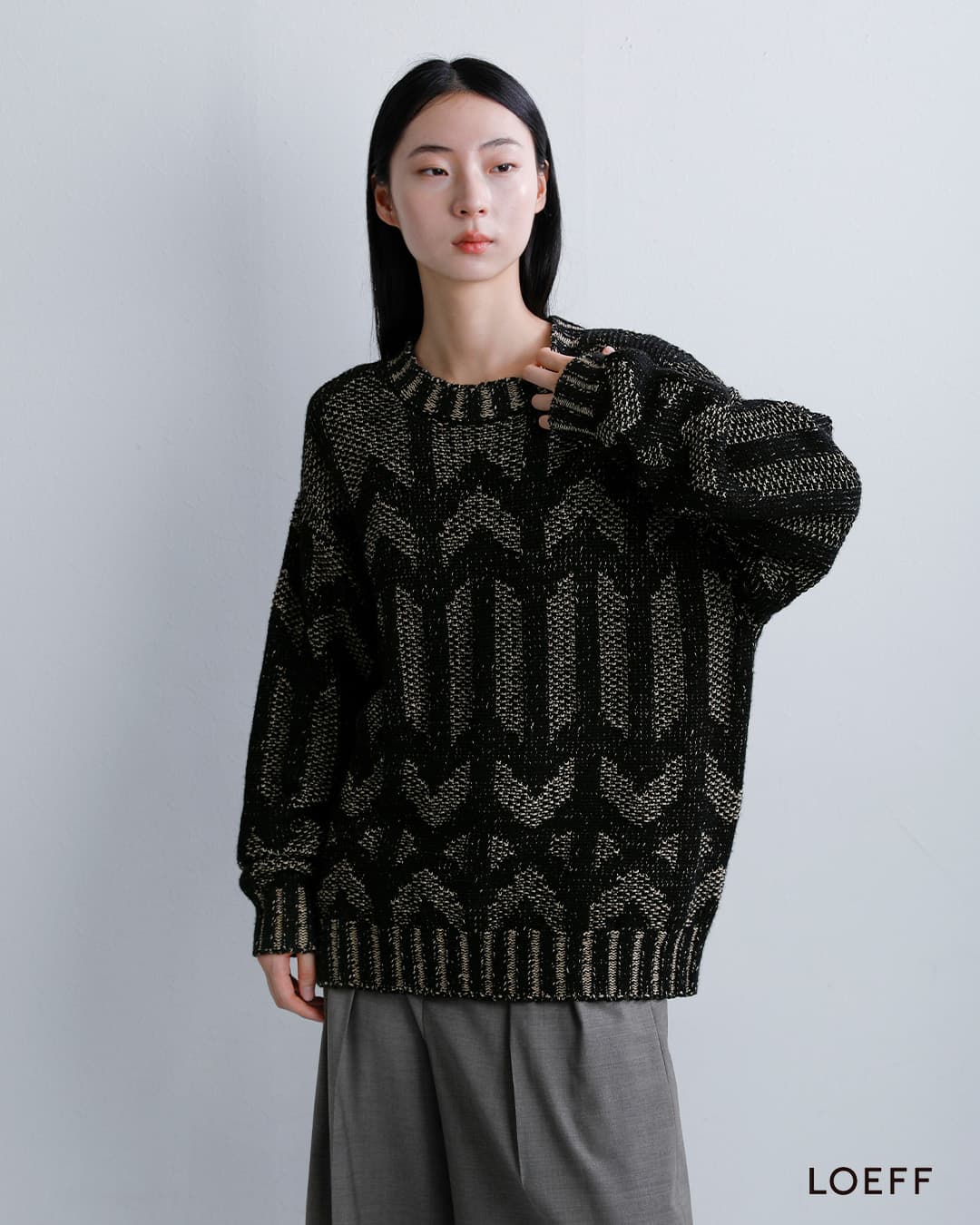LOEFFリネンウール 壁画ジャガードニット セーター