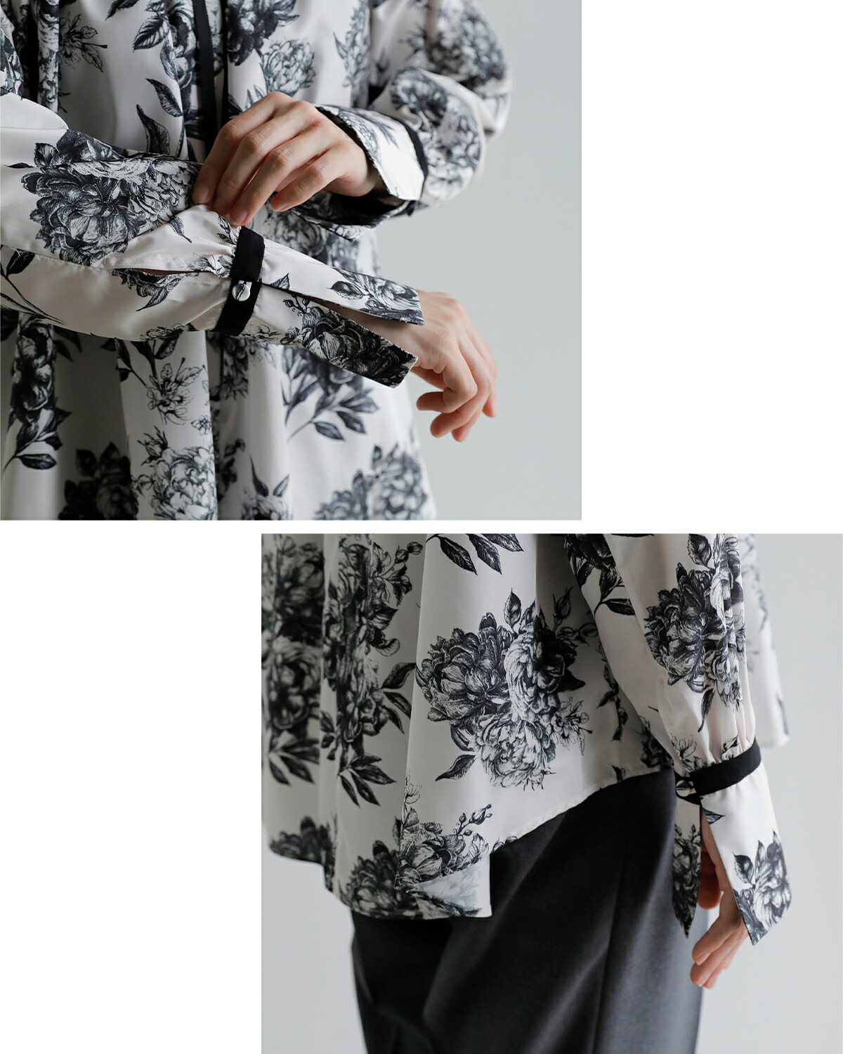 support surface(サポートサーフェス)モノクローム フローラルプリント フリルネック シャツ fcd27a351-dv0234