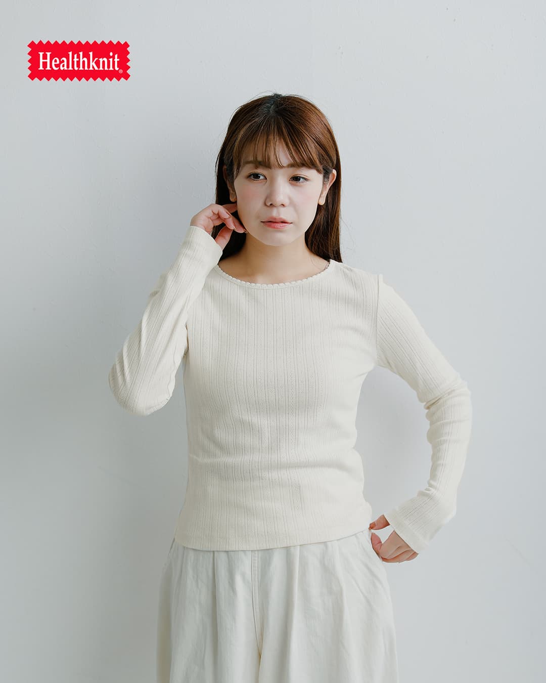 Healthknit(ヘルスニット)コットン アイレット ジャカード リブ クルーネック 長袖Tシャツ hr26f-l454