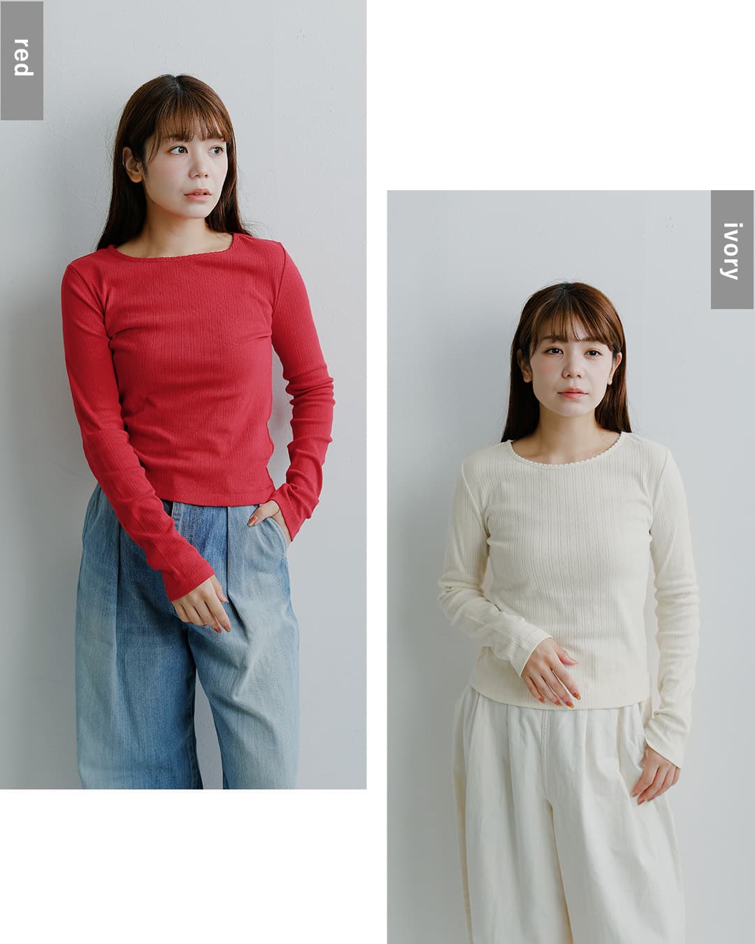 Healthknit(ヘルスニット)コットン アイレット ジャカード リブ クルーネック 長袖Tシャツ hr26f-l454