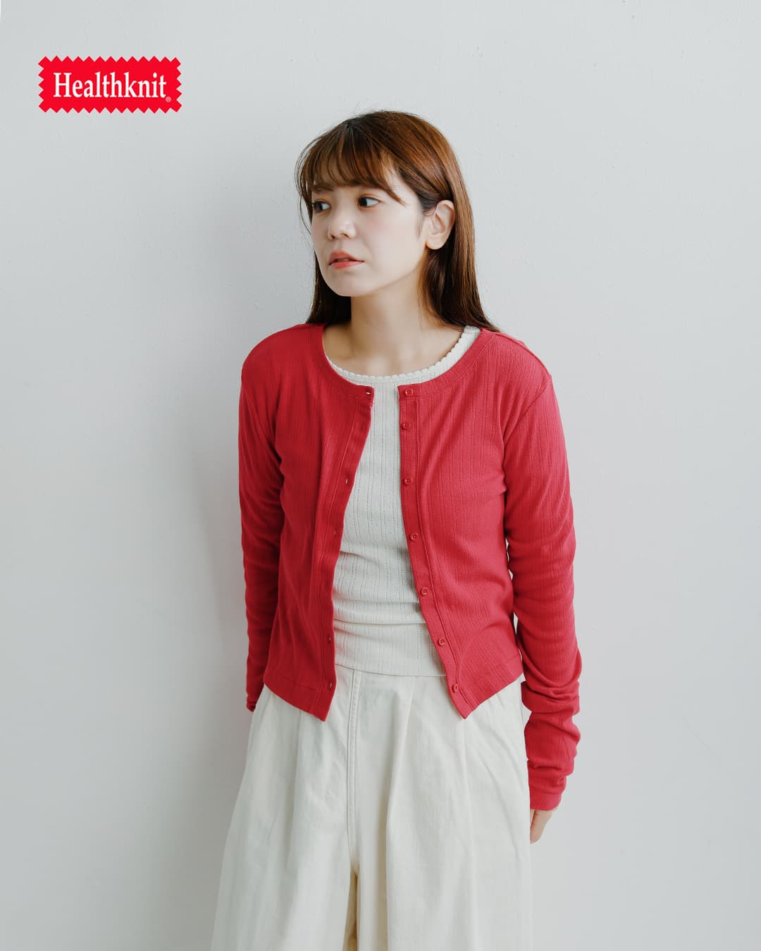 Healthknit(ヘルスニット)コットン アイレット ジャガード リブ クルーネック 長袖 カーディガン hr26f-l455