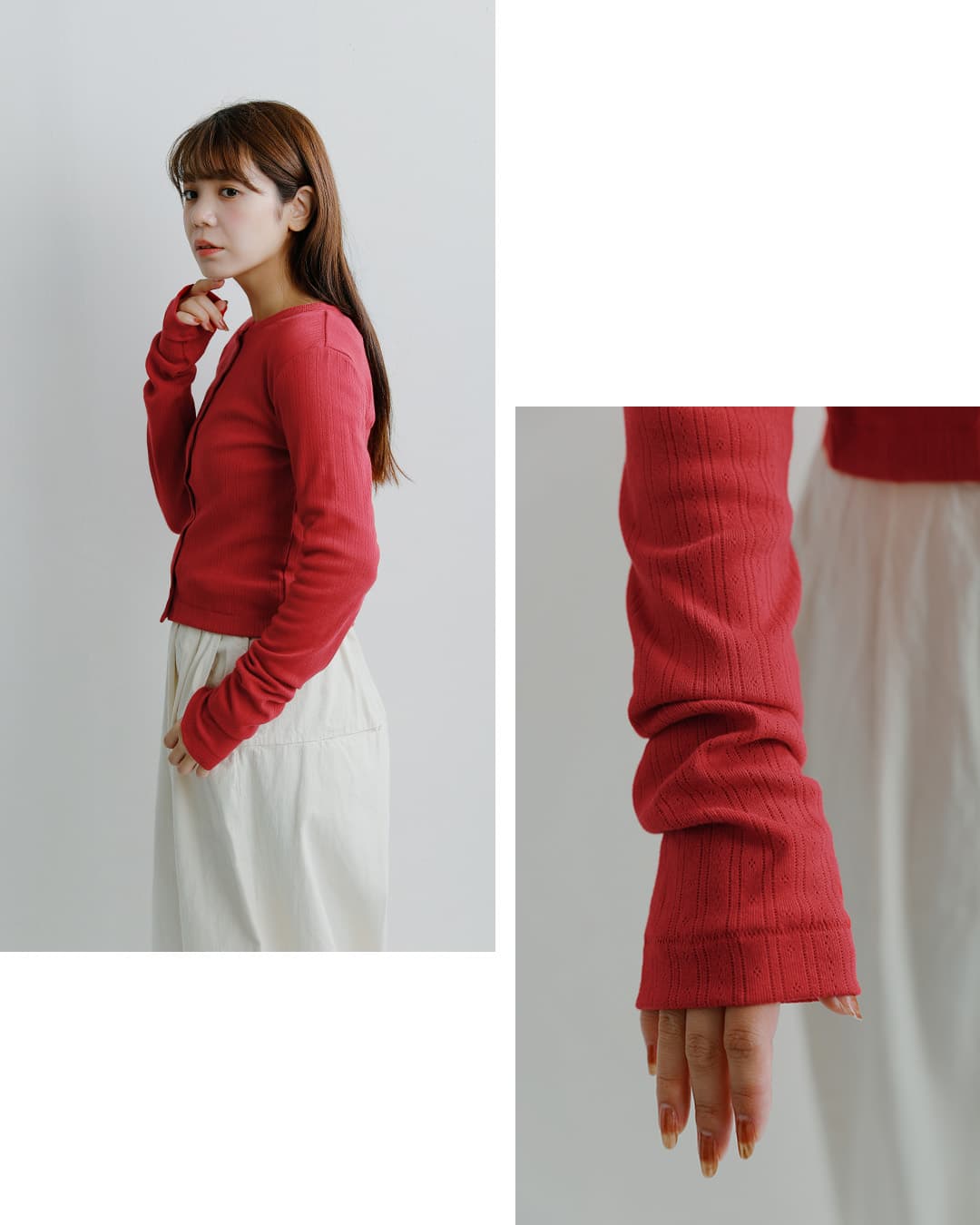 Healthknit(ヘルスニット)コットン アイレット ジャガード リブ クルーネック 長袖 カーディガン hr26f-l455