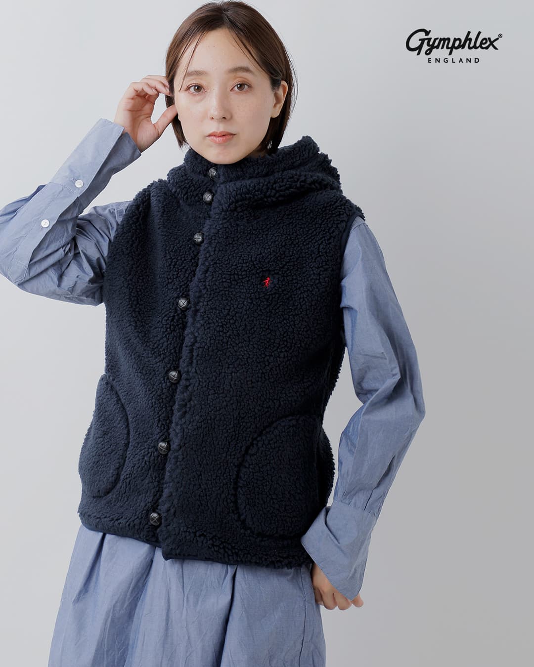 gymphlexくるみボタン ボア フーデッド ベスト j-1069boa-26aw