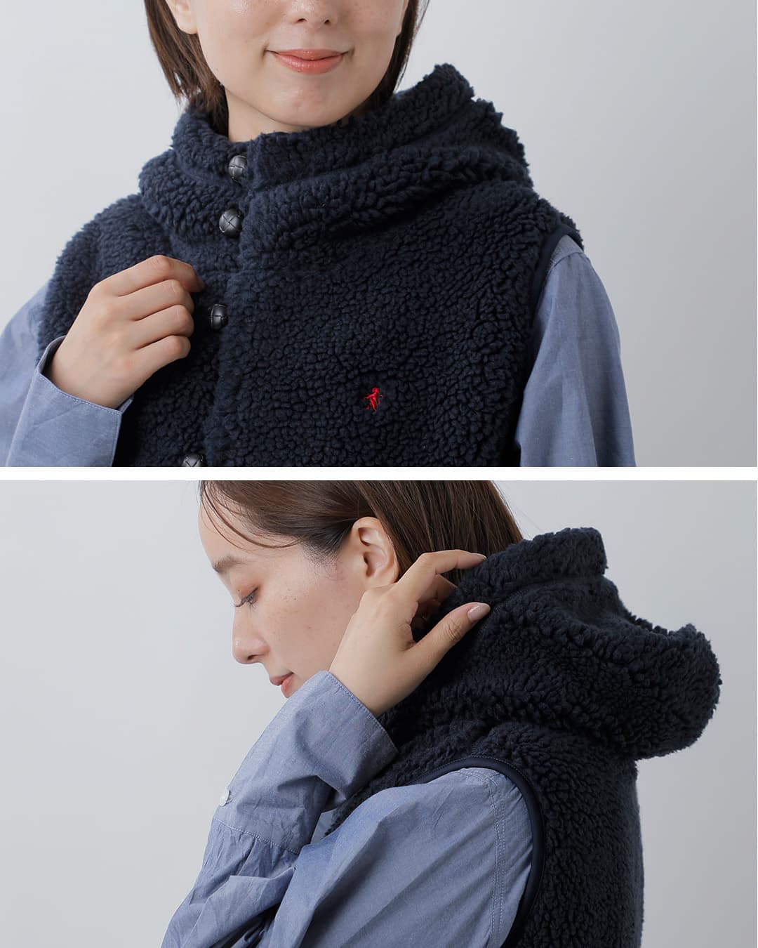 gymphlexくるみボタン ボア フーデッド ベスト j-1069boa-26aw