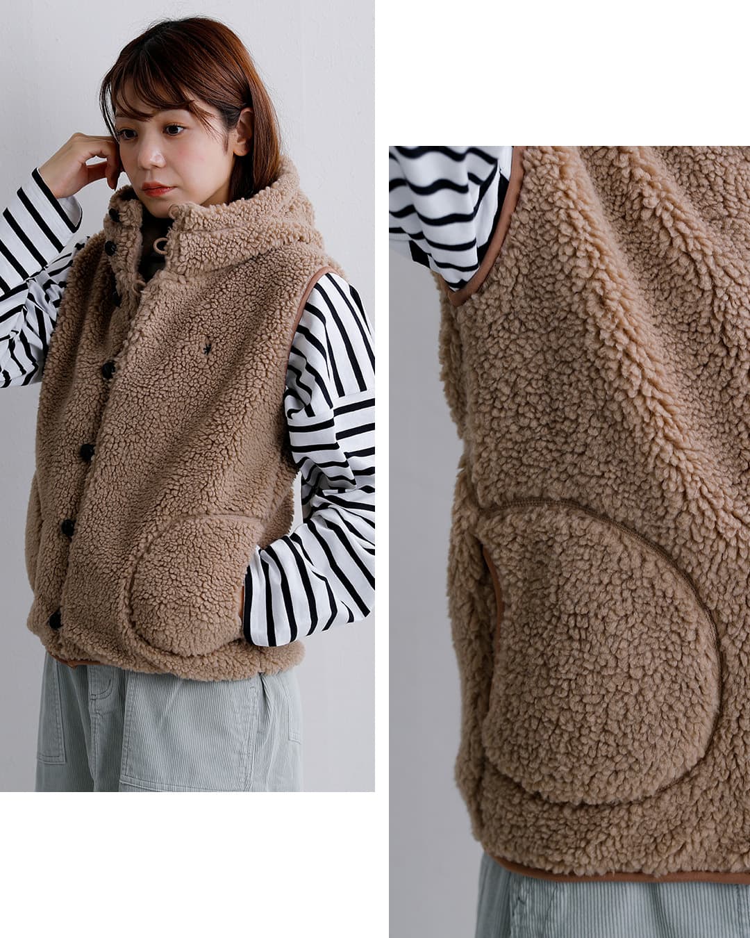 gymphlexくるみボタン ボア フーデッド ベスト j-1069boa-26aw