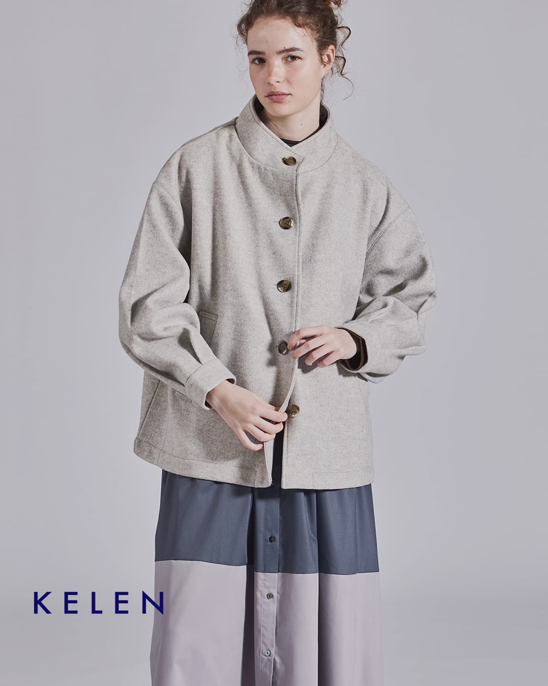 KELEN(ケレン)ダブルフェイスジャージー モックネック Aライン ミドル ジャケット TOPE lkl26fjk2095