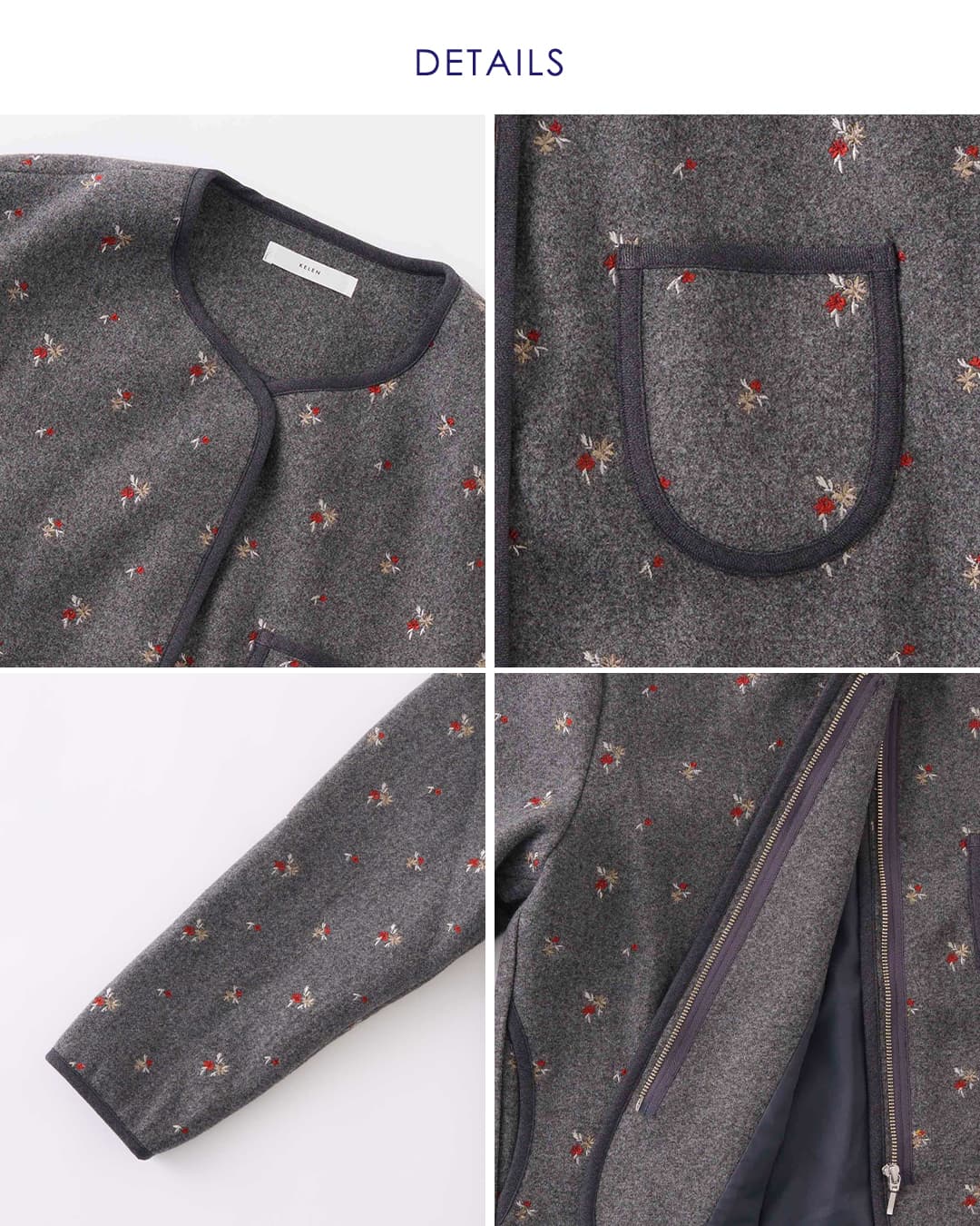KELEN(ケレン)フラワー刺繍 ノーカラー ジャケット SAQUA lkl26fjk2100
