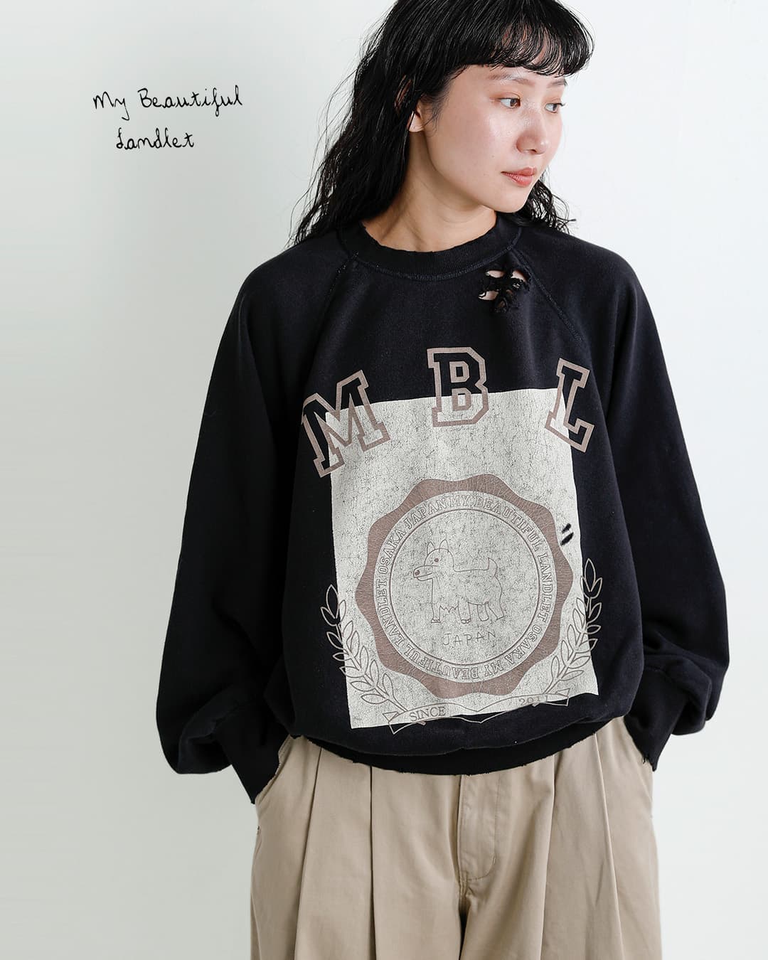 my beautiful landlet裏毛 フロッキープリント 刺繍 ダメージ スウェットシャツ mbl-wd-swtp2-p
