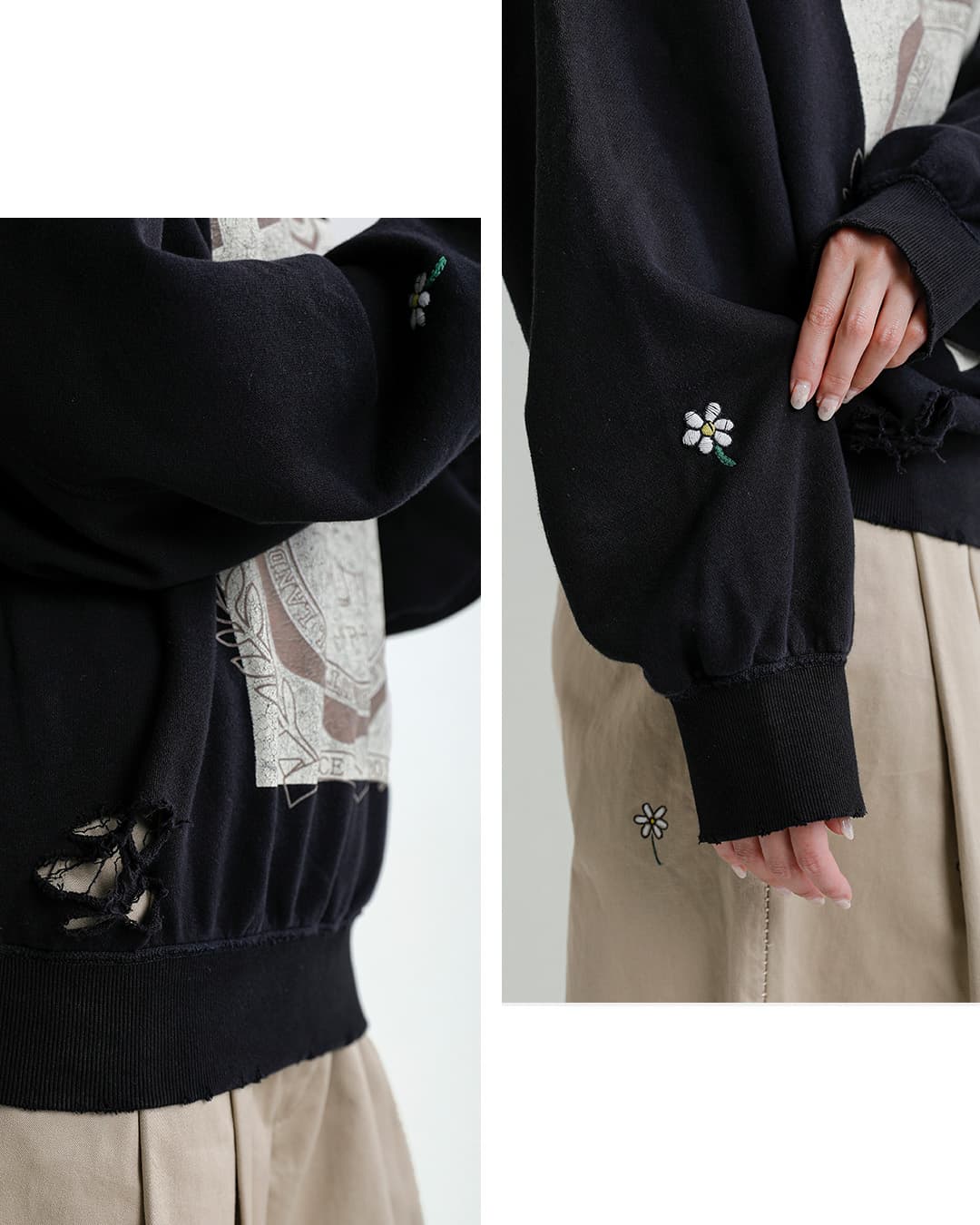 my beautiful landlet裏毛 フロッキープリント 刺繍 ダメージ スウェットシャツ mbl-wd-swtp2-p