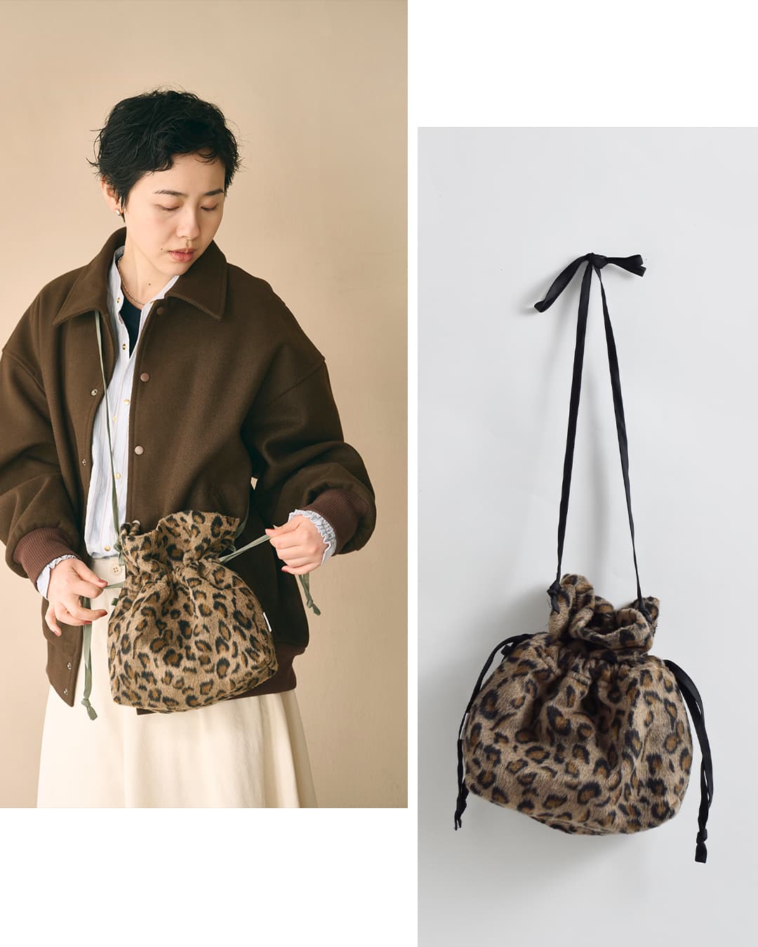 KHA:KI(カーキ)レオパードシャギー コンバーチブルバッグ LEOPARD CONVERTIBLE BAG mil26fbg3051