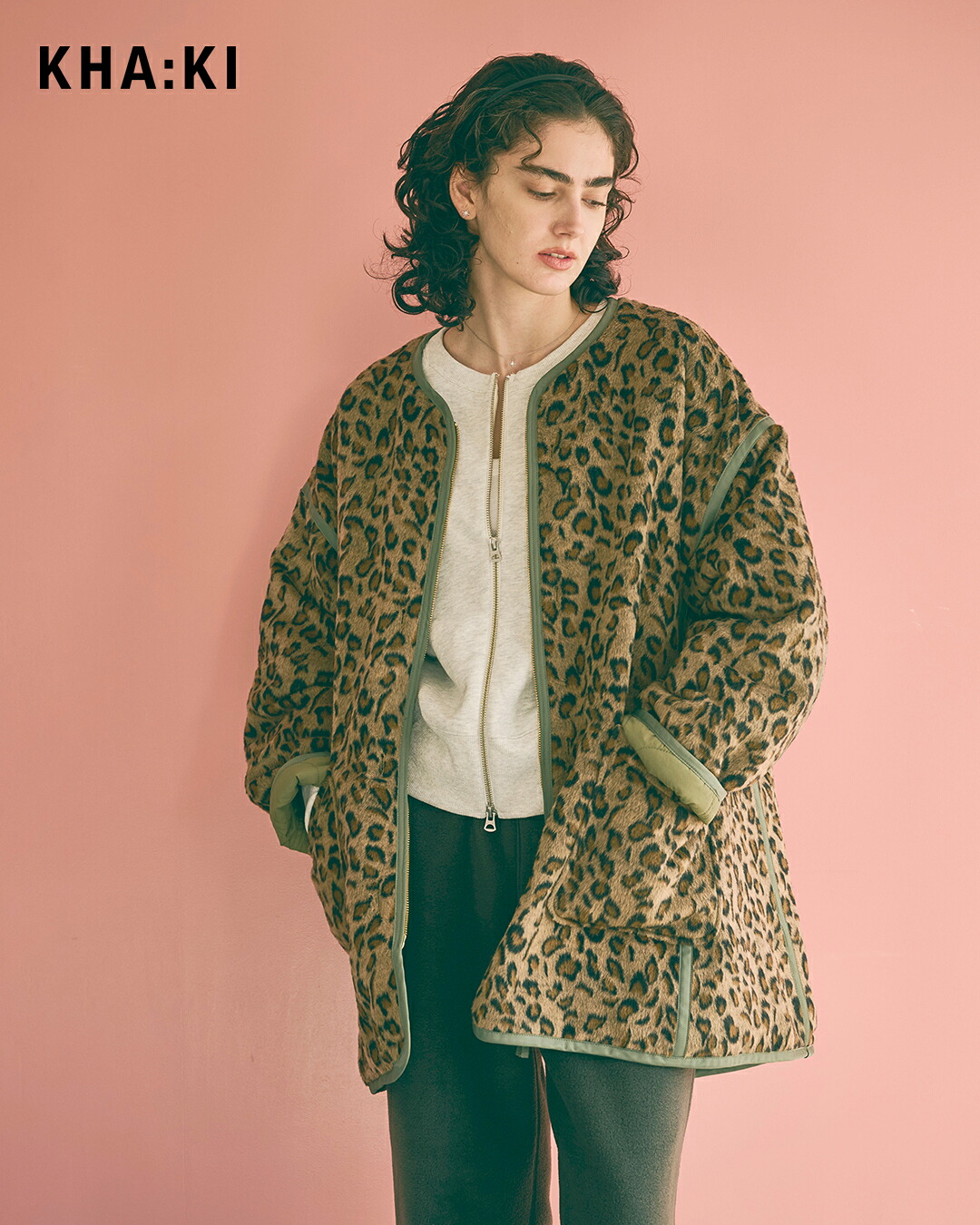 KHA:KI(カーキ)レオパードシャギー リバーシブル ライナージャケット LEOPARD LINER JACKET mil26fjk3252