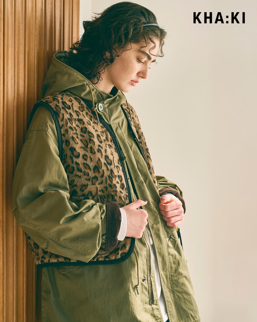 KHA:KI(カーキ)レオパードシャギー リバーシブル ライナーベスト LEOPARD LINER VEST mil26fjk3253