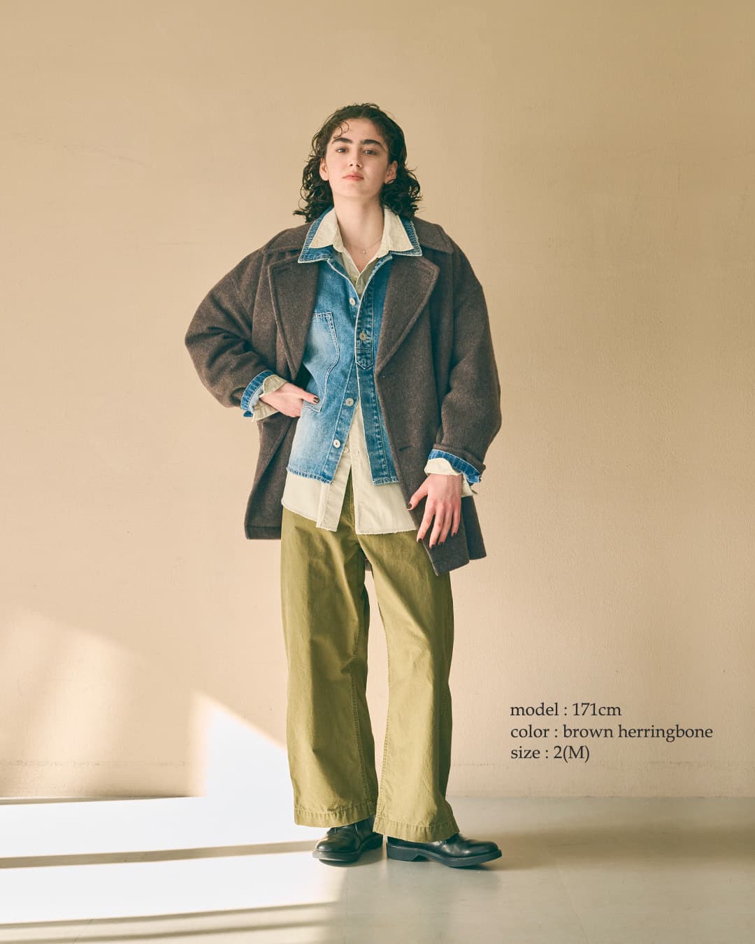 KHA:KI(カーキ)尾州リサイクルウール 起毛 コクーンピーコート RE-WOOL PEA COAT mil26fjk3254
