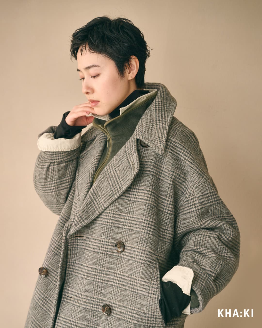 KHA:KI(カーキ)尾州リサイクルウール 起毛 コクーンピーコート RE-WOOL PEA COAT mil26fjk3254