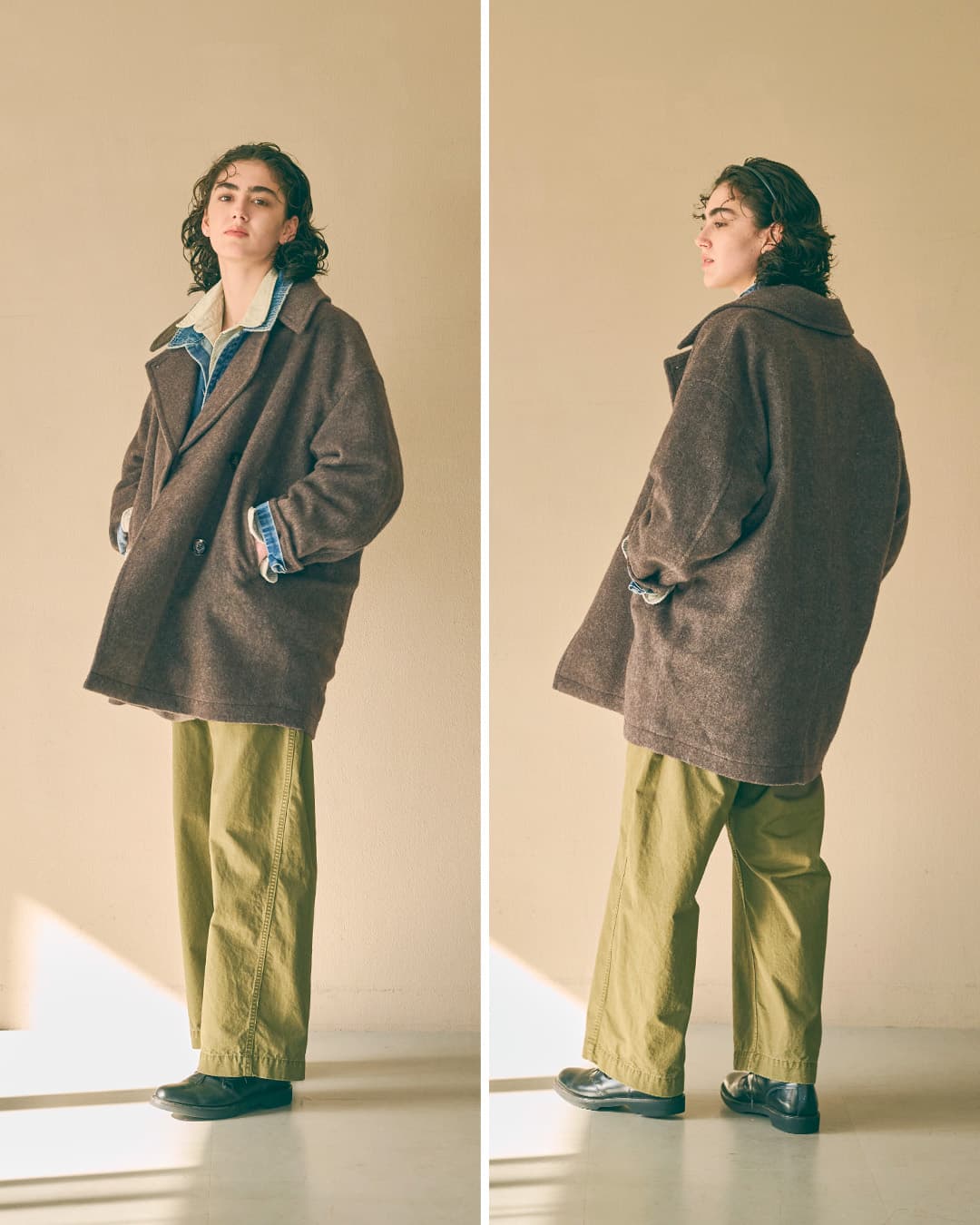 KHA:KI(カーキ)尾州リサイクルウール 起毛 コクーンピーコート RE-WOOL PEA COAT mil26fjk3254