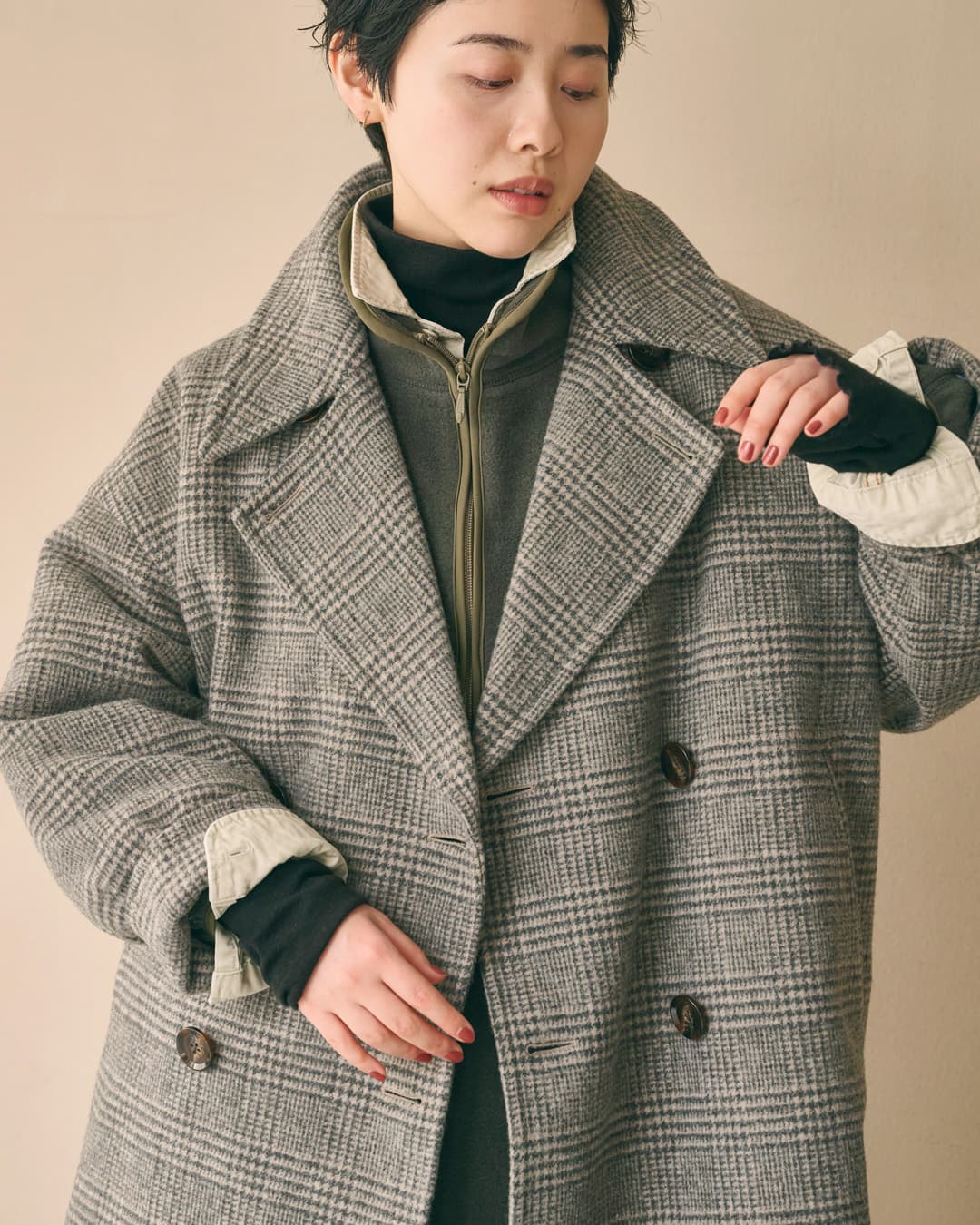 KHA:KI(カーキ)尾州リサイクルウール 起毛 コクーンピーコート RE-WOOL PEA COAT mil26fjk3254