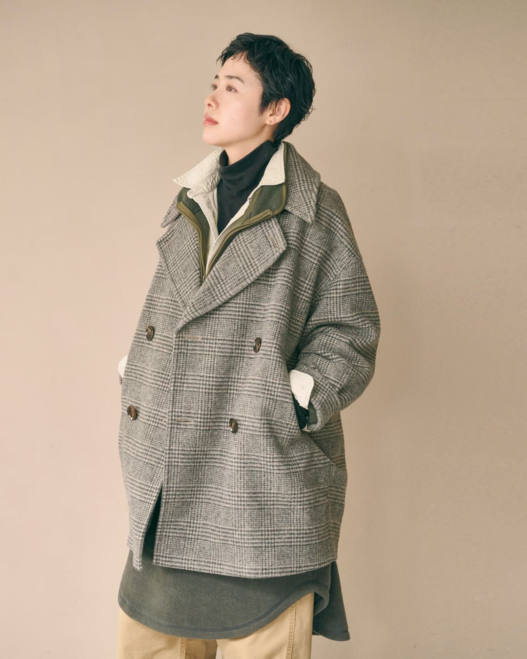KHA:KI(カーキ)尾州リサイクルウール 起毛 コクーンピーコート RE-WOOL PEA COAT mil26fjk3254