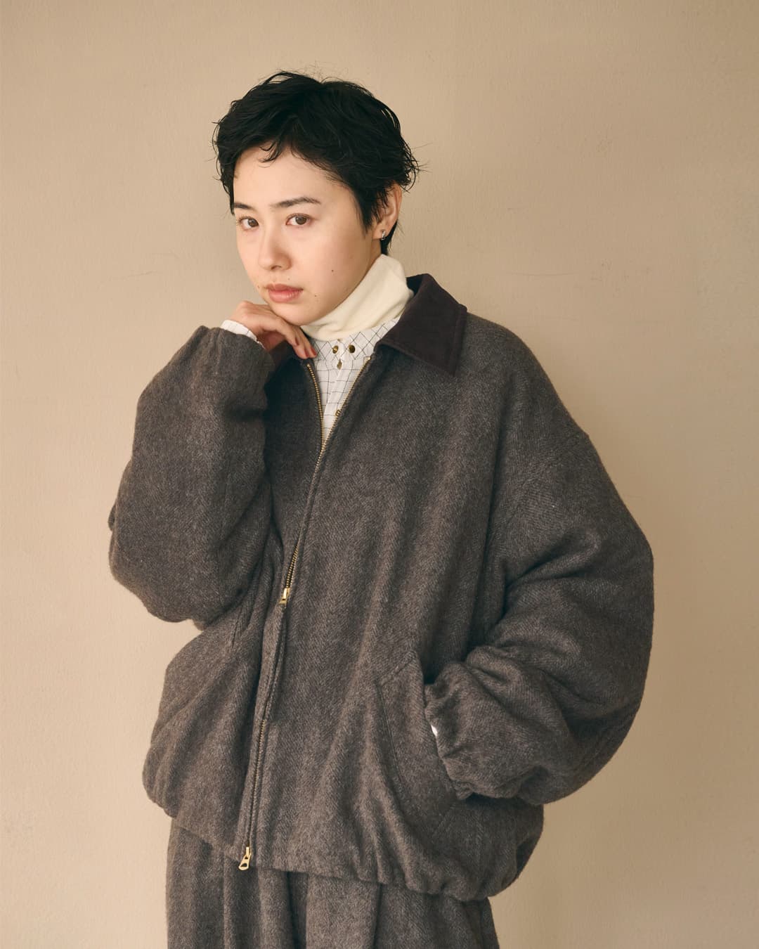 KHA:KI(カーキ)尾州リサイクルウール 起毛 ダブルジップジャケット RE-WOOL ZIPUP JACKET mil26fjk3255