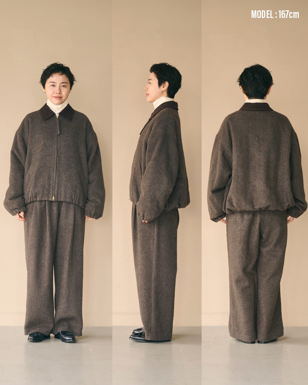 KHA:KI(カーキ)尾州リサイクルウール 起毛 ダブルジップジャケット RE-WOOL ZIPUP JACKET mil26fjk3255