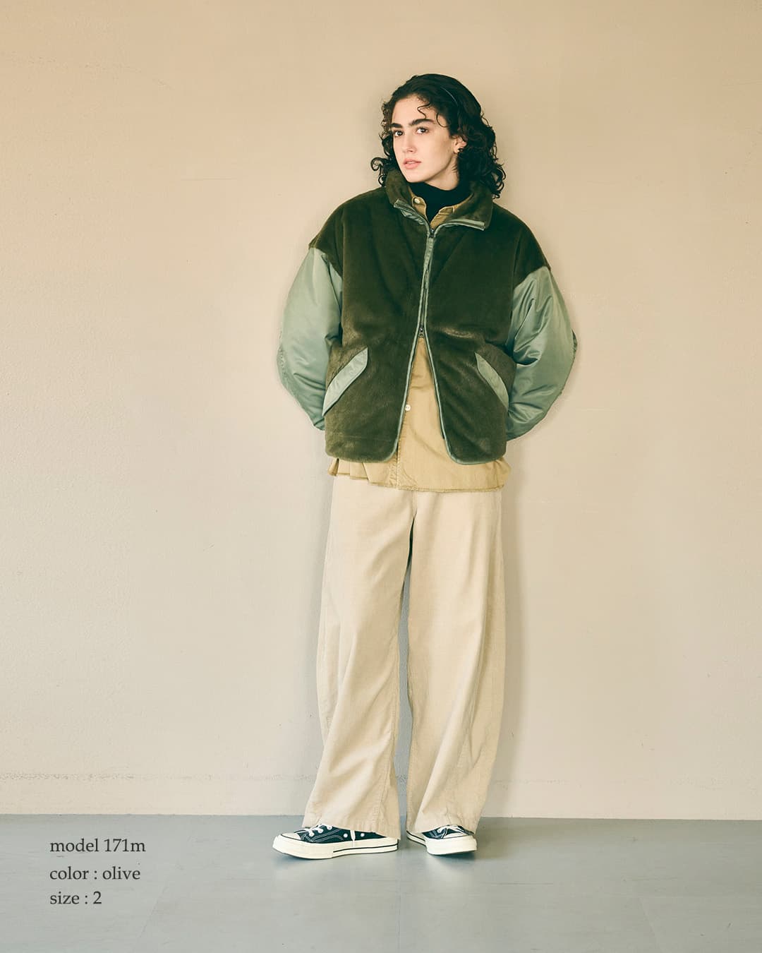 KHA:KIエコファー ツイル切替 スタンドカラー ジャケット ECO FUR SWITCH JACKET mil26fjk3257
