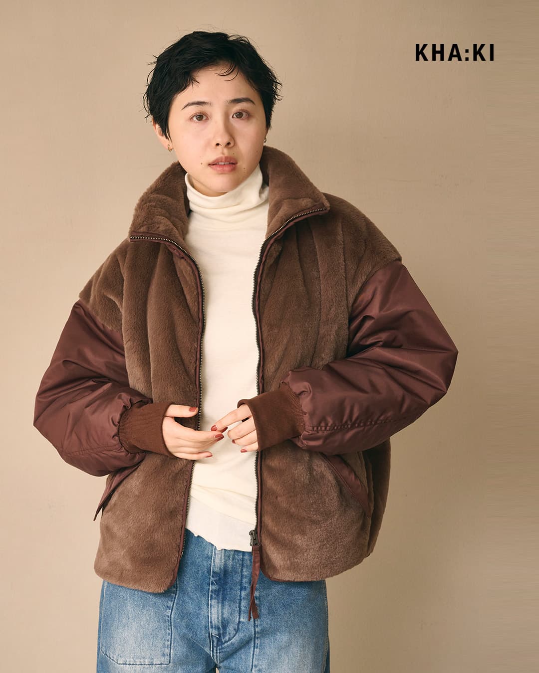 KHA:KIエコファー ツイル切替 スタンドカラー ジャケット ECO FUR SWITCH JACKET mil26fjk3257
