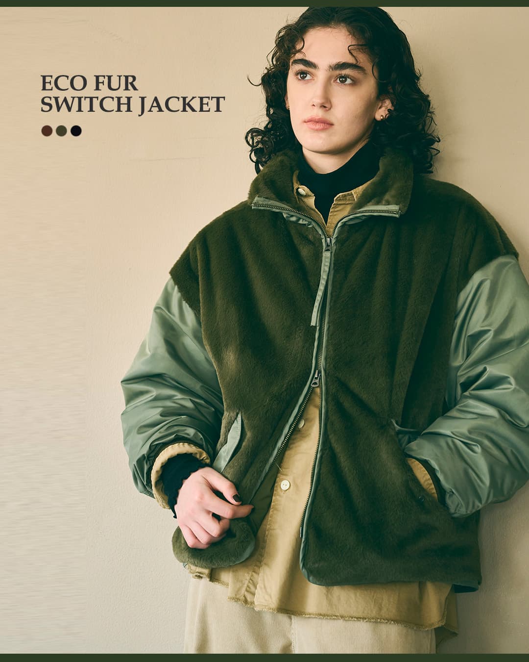 KHA:KIエコファー ツイル切替 スタンドカラー ジャケット ECO FUR SWITCH JACKET mil26fjk3257