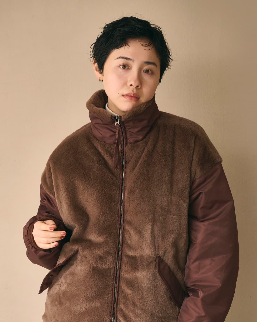 KHA:KIエコファー ツイル切替 スタンドカラー ジャケット ECO FUR SWITCH JACKET mil26fjk3257