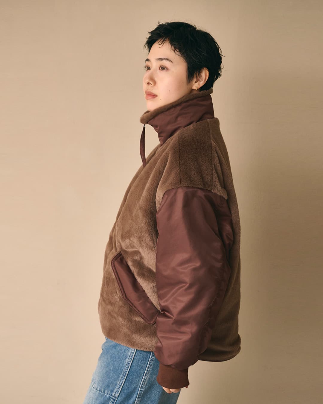 KHA:KIエコファー ツイル切替 スタンドカラー ジャケット ECO FUR SWITCH JACKET mil26fjk3257