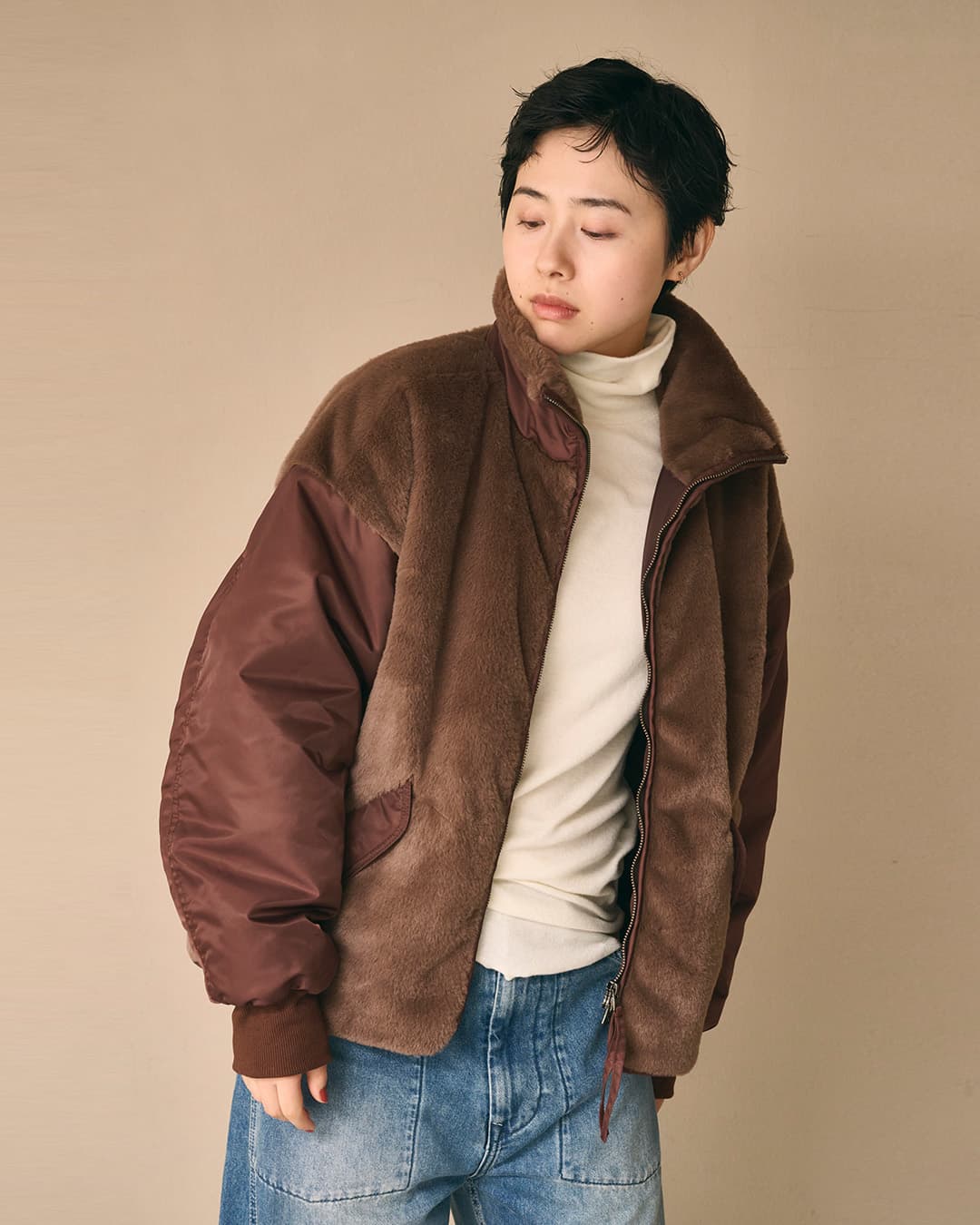 KHA:KIエコファー ツイル切替 スタンドカラー ジャケット ECO FUR SWITCH JACKET mil26fjk3257