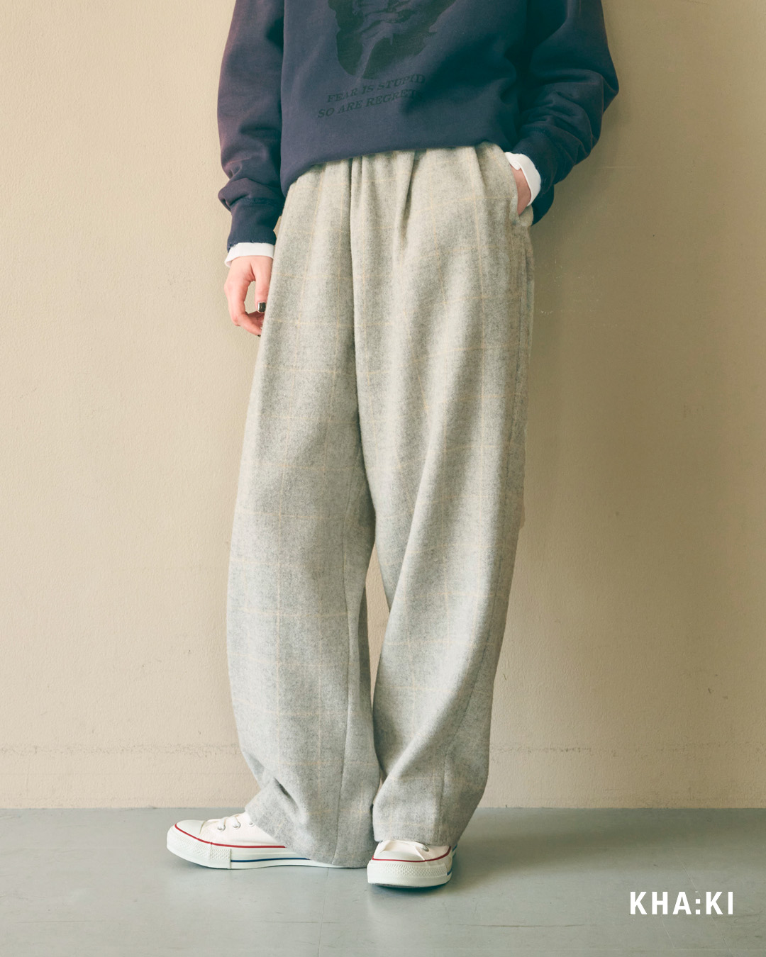 KHA:KI(カーキ)尾州リサイクルウール 起毛 2タック ワイドパンツ RE-WOOL 2TCUK PANTS mil26fpt3267