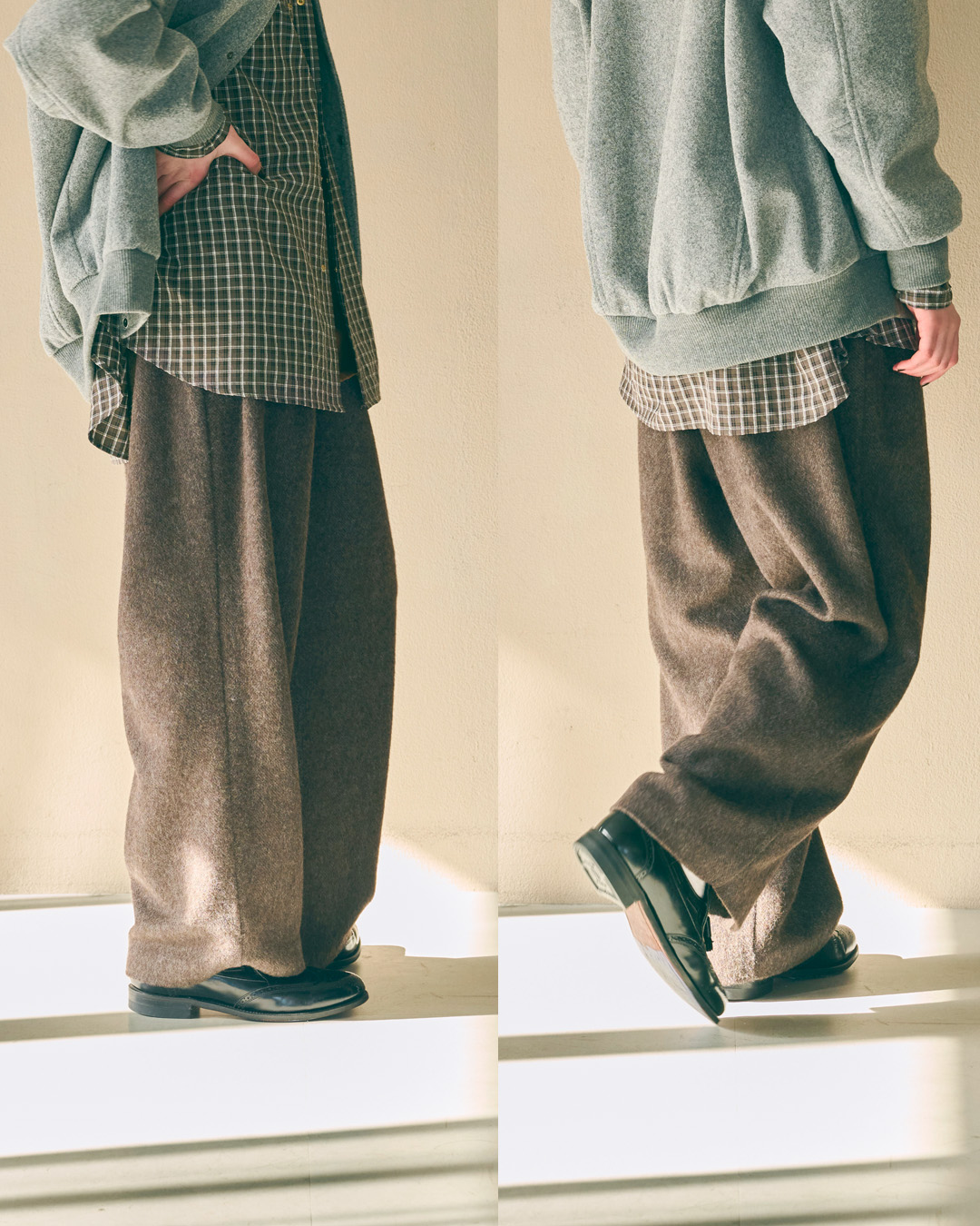 KHA:KI(カーキ)尾州リサイクルウール 起毛 2タック ワイドパンツ RE-WOOL 2TCUK PANTS mil26fpt3267