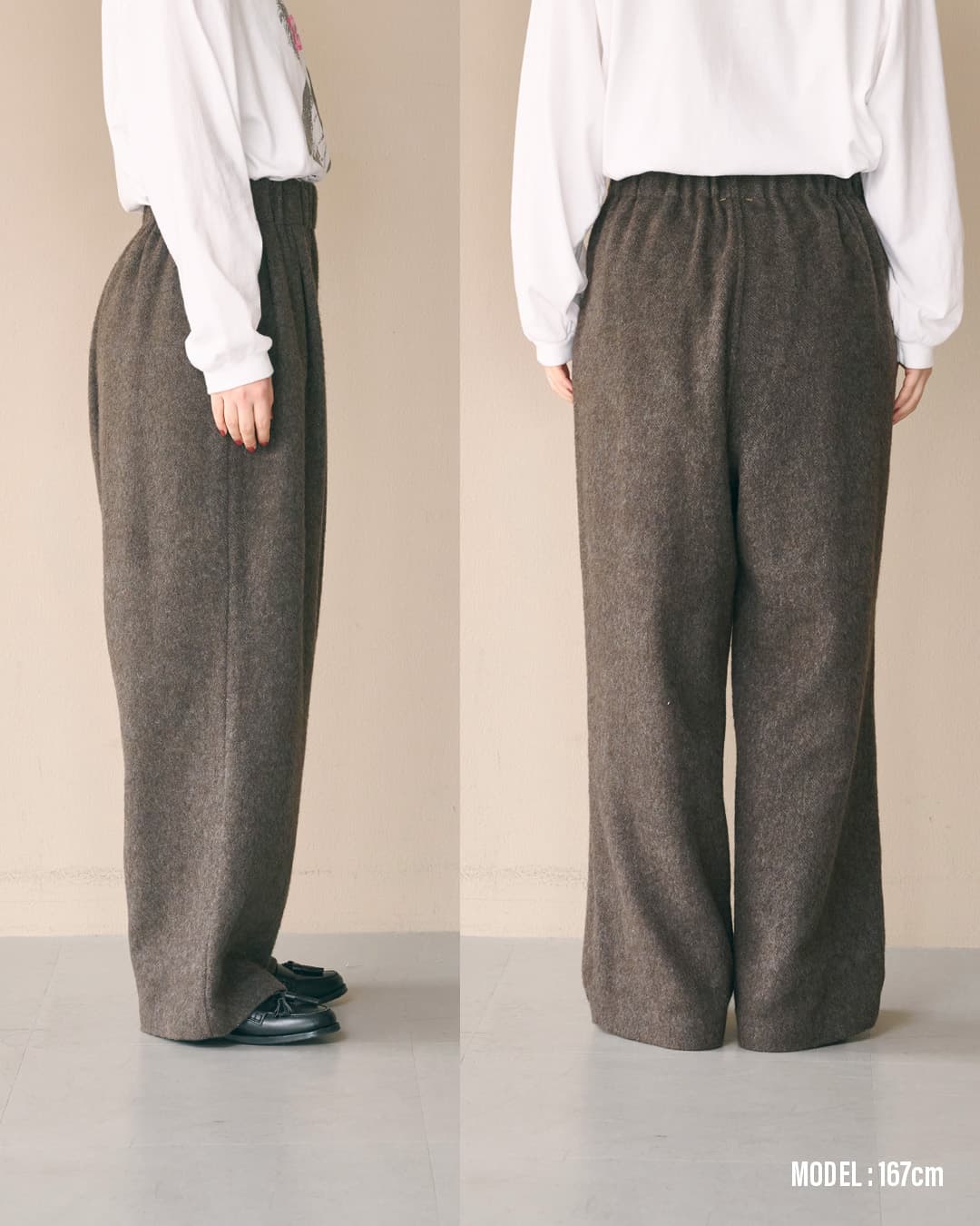 KHA:KI(カーキ)尾州リサイクルウール 起毛 2タック ワイドパンツ RE-WOOL 2TCUK PANTS mil26fpt3267