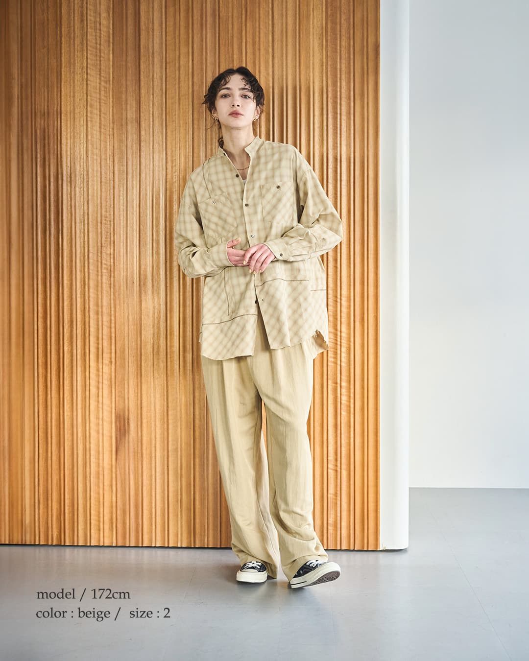 KHA:KIオンブレチェック パッチワーク バンドカラーシャツ CHECK SWITCH SHIRT mil26sbl3163
