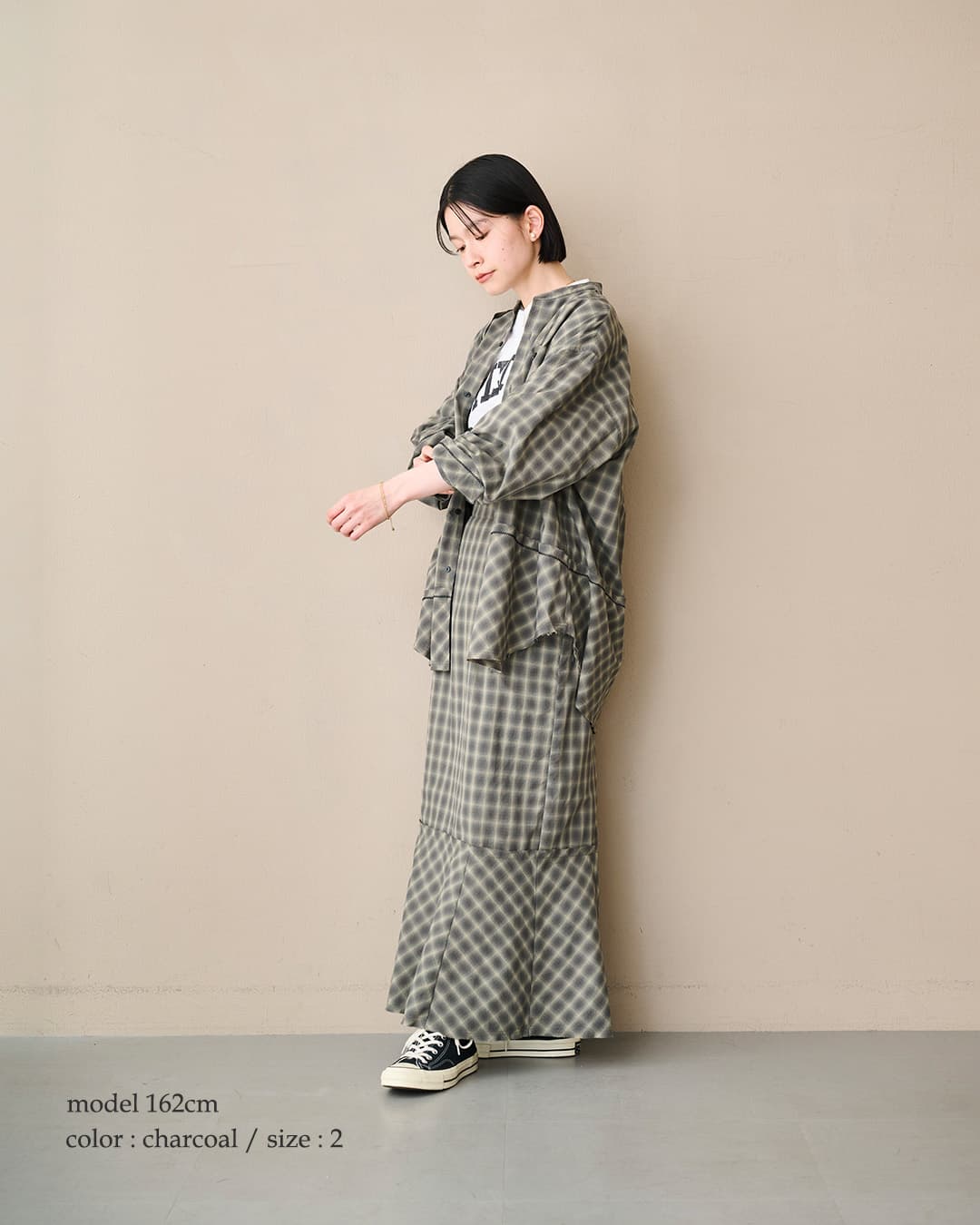KHA:KIオンブレチェック パッチワーク バンドカラーシャツ CHECK SWITCH SHIRT mil26sbl3163