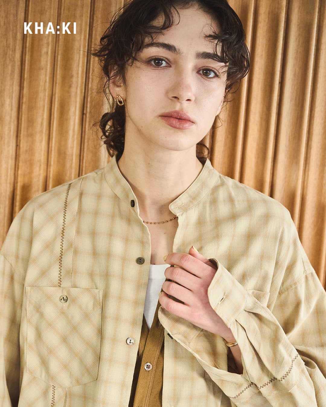 KHA:KIオンブレチェック パッチワーク バンドカラーシャツ CHECK SWITCH SHIRT mil26sbl3163